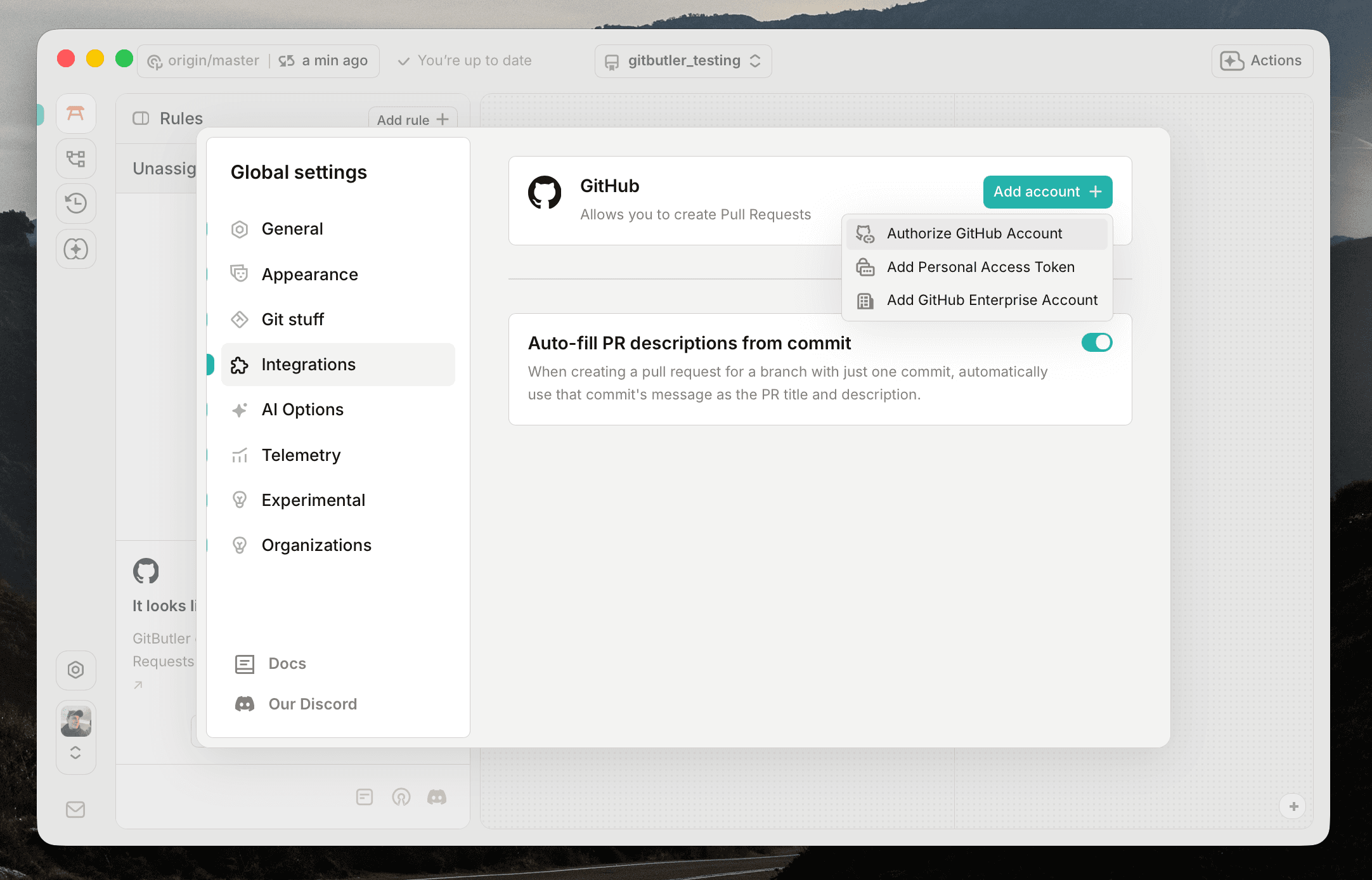 GitHub authentication via the Integrations settings tab